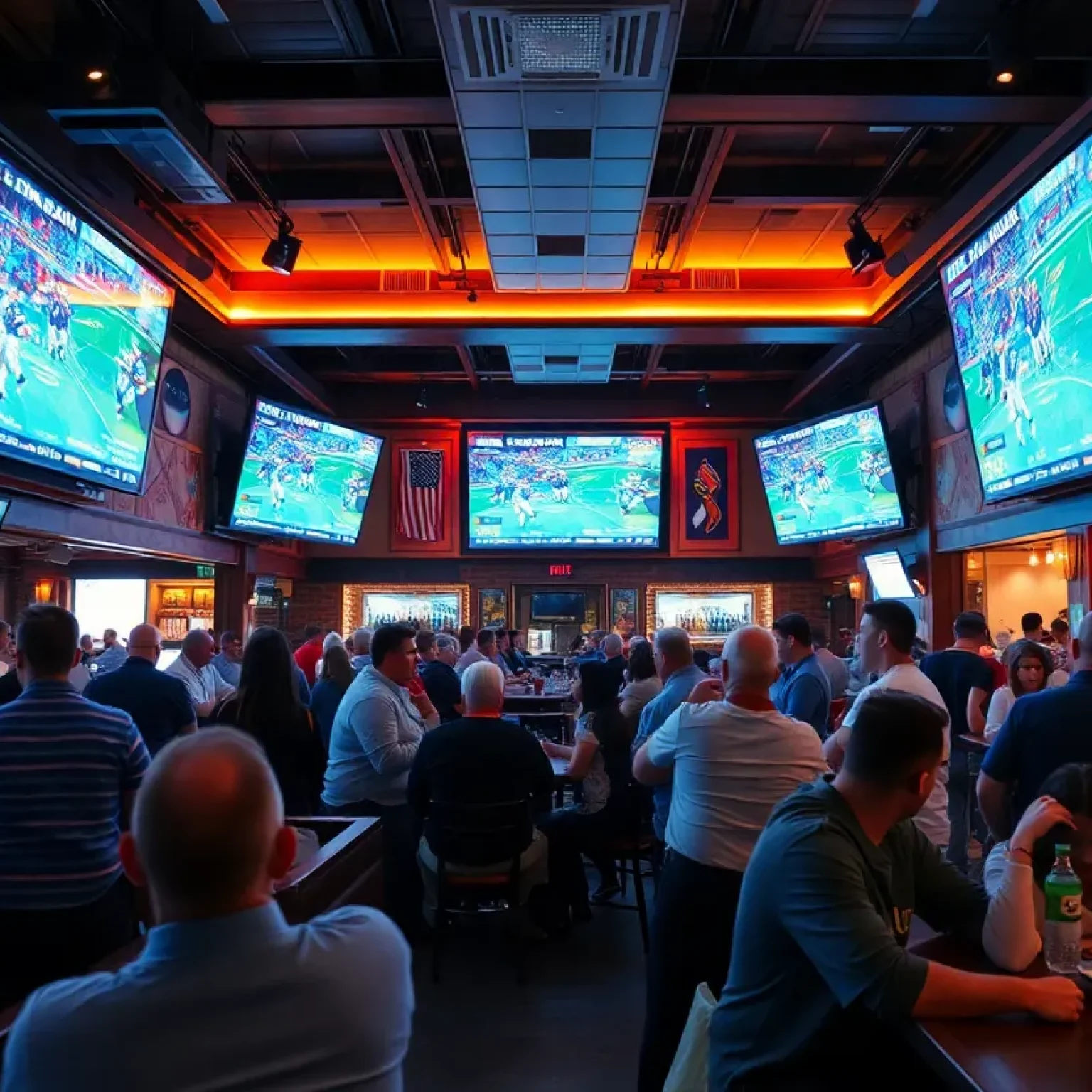 Interior view of Ferg's Sports Bar with fans enjoying sports events