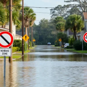 Flooded streets with no-wake zone signs in St. Petersburg, Florida