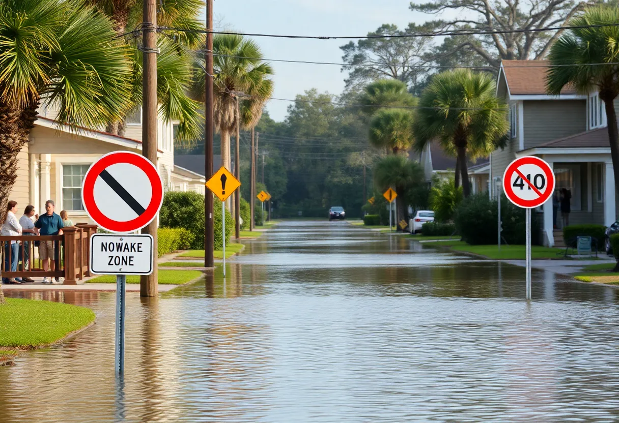 Flooded streets with no-wake zone signs in St. Petersburg, Florida
