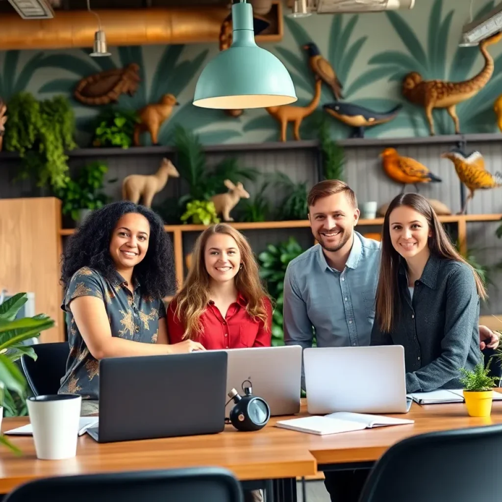 Employees collaborating in a conservation-themed office environment at the Florida Wildlife Corridor Foundation.