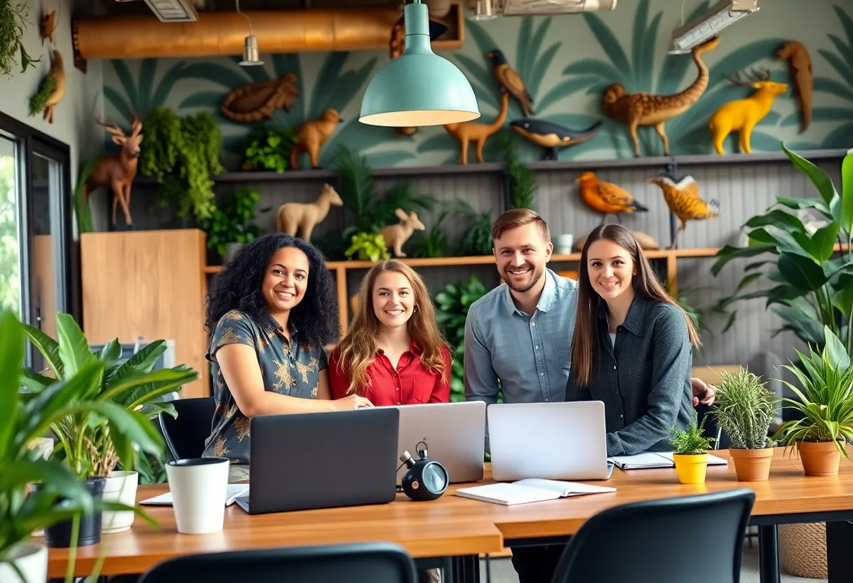 Employees collaborating in a conservation-themed office environment at the Florida Wildlife Corridor Foundation.