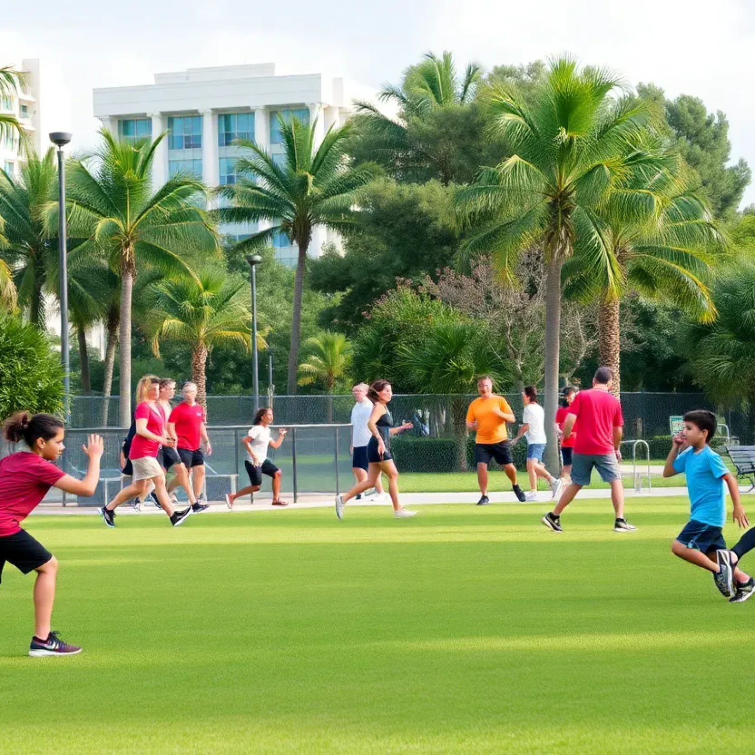 People enjoying physical activities in a Florida park, highlighting fitness in the community.