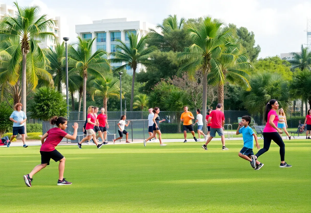 People enjoying physical activities in a Florida park, highlighting fitness in the community.