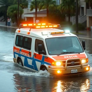 High-water rescue vehicle navigating flooded streets during a hurricane.