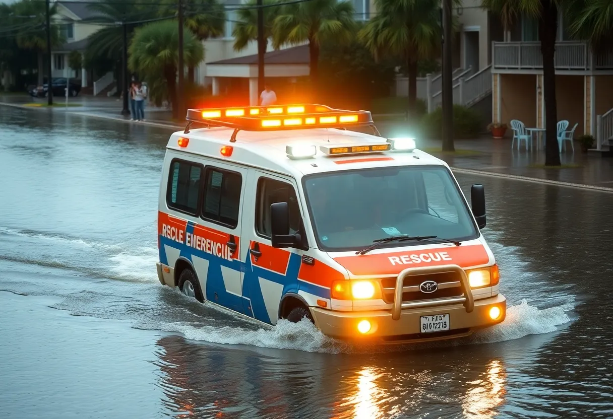 High-water rescue vehicle navigating flooded streets during a hurricane.