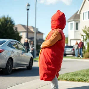 A person in a hot dog costume causing a disturbance near a parked car in a residential area.