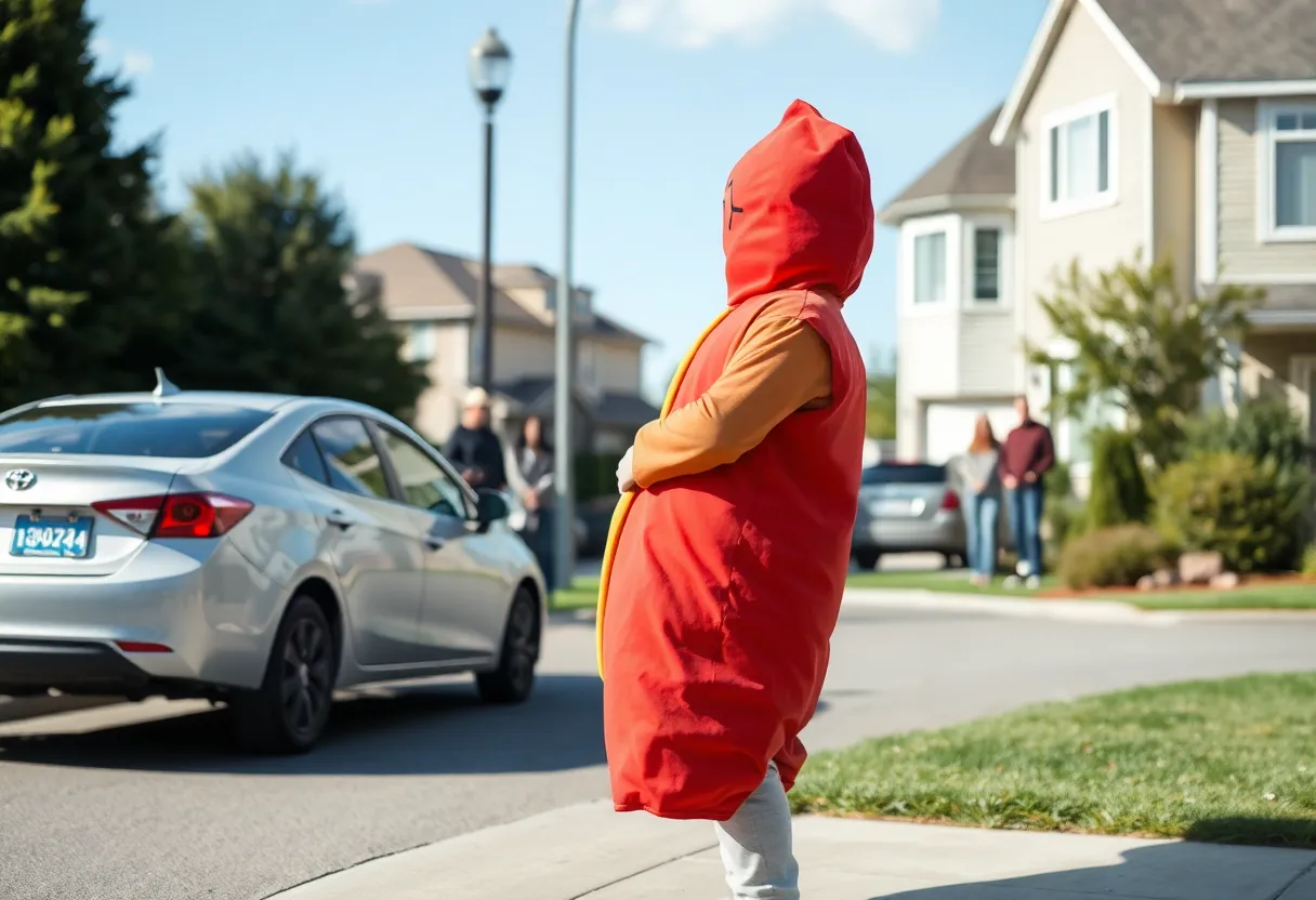 A person in a hot dog costume causing a disturbance near a parked car in a residential area.