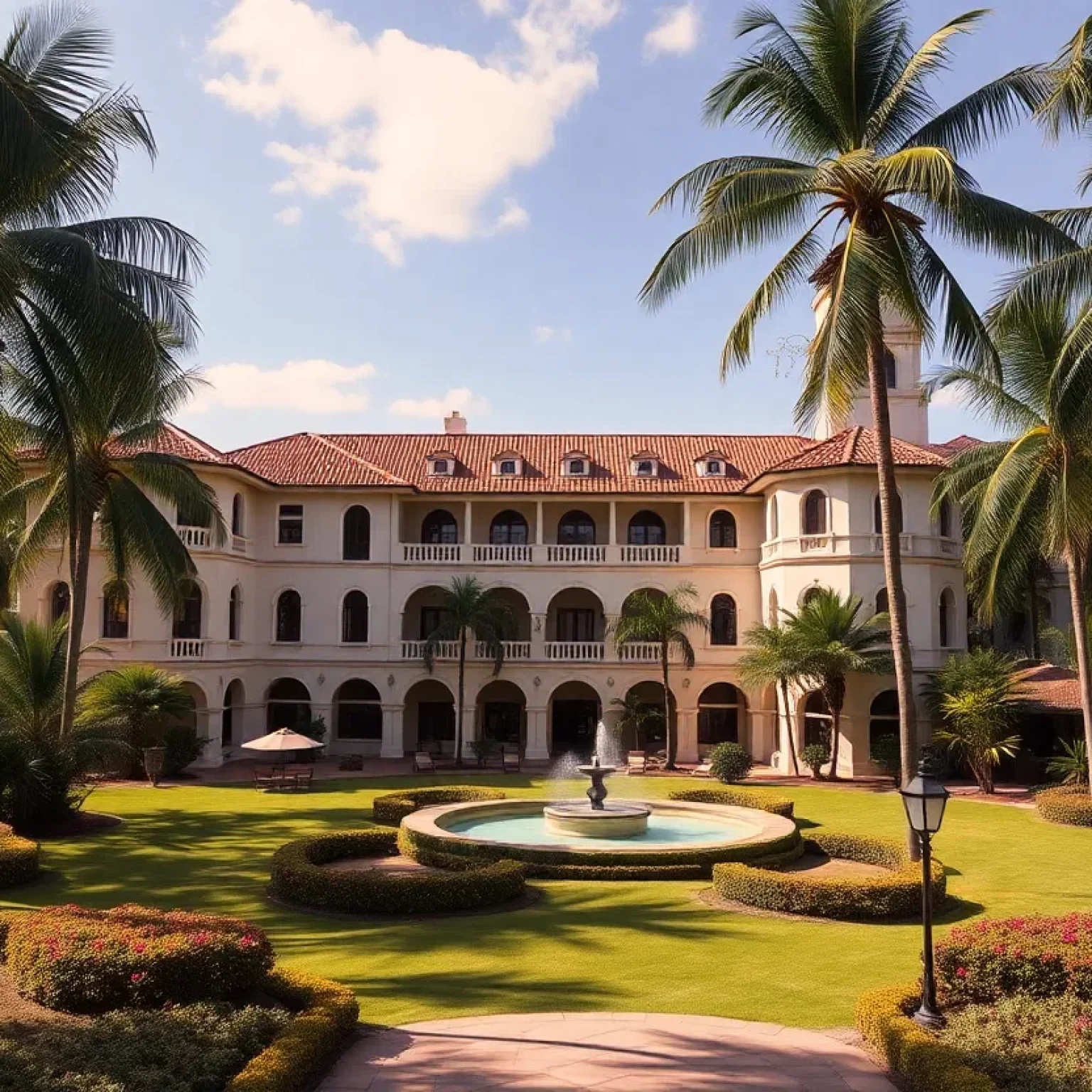 Exterior view of Jungle Country Club Hotel showcasing Mediterranean Revival architecture and tropical gardens.
