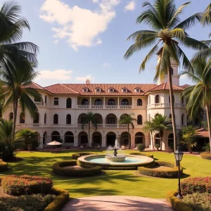 Exterior view of Jungle Country Club Hotel showcasing Mediterranean Revival architecture and tropical gardens.