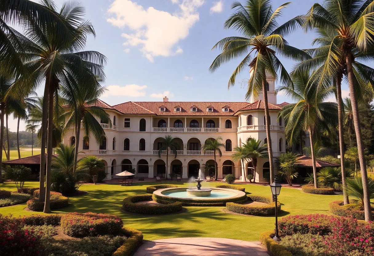 Exterior view of Jungle Country Club Hotel showcasing Mediterranean Revival architecture and tropical gardens.
