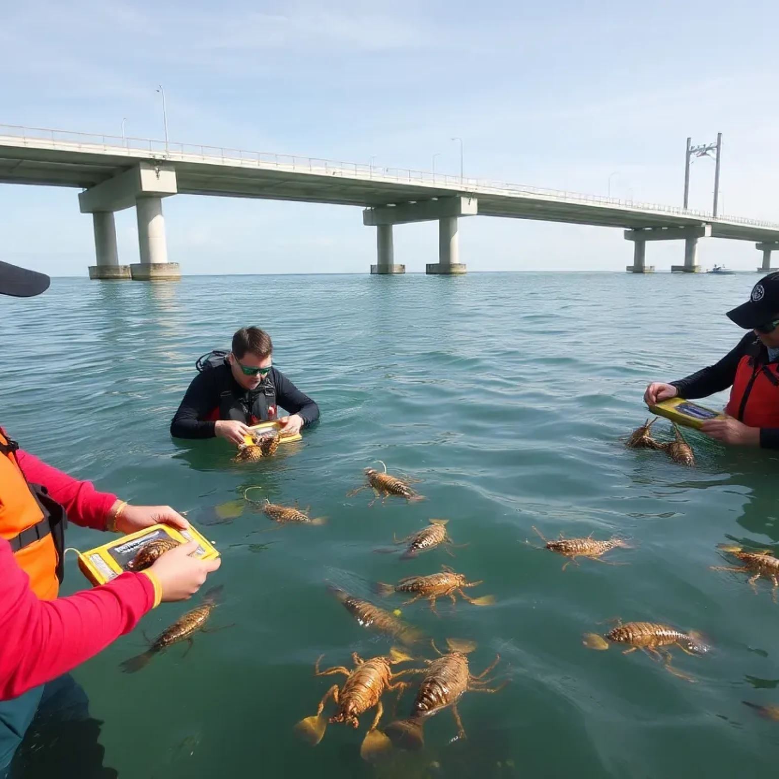 Divers measuring lobsters for compliance with fishing regulations in Florida