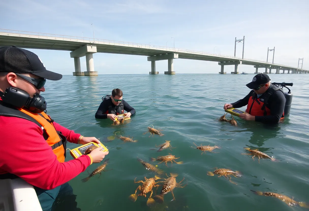 Divers measuring lobsters for compliance with fishing regulations in Florida