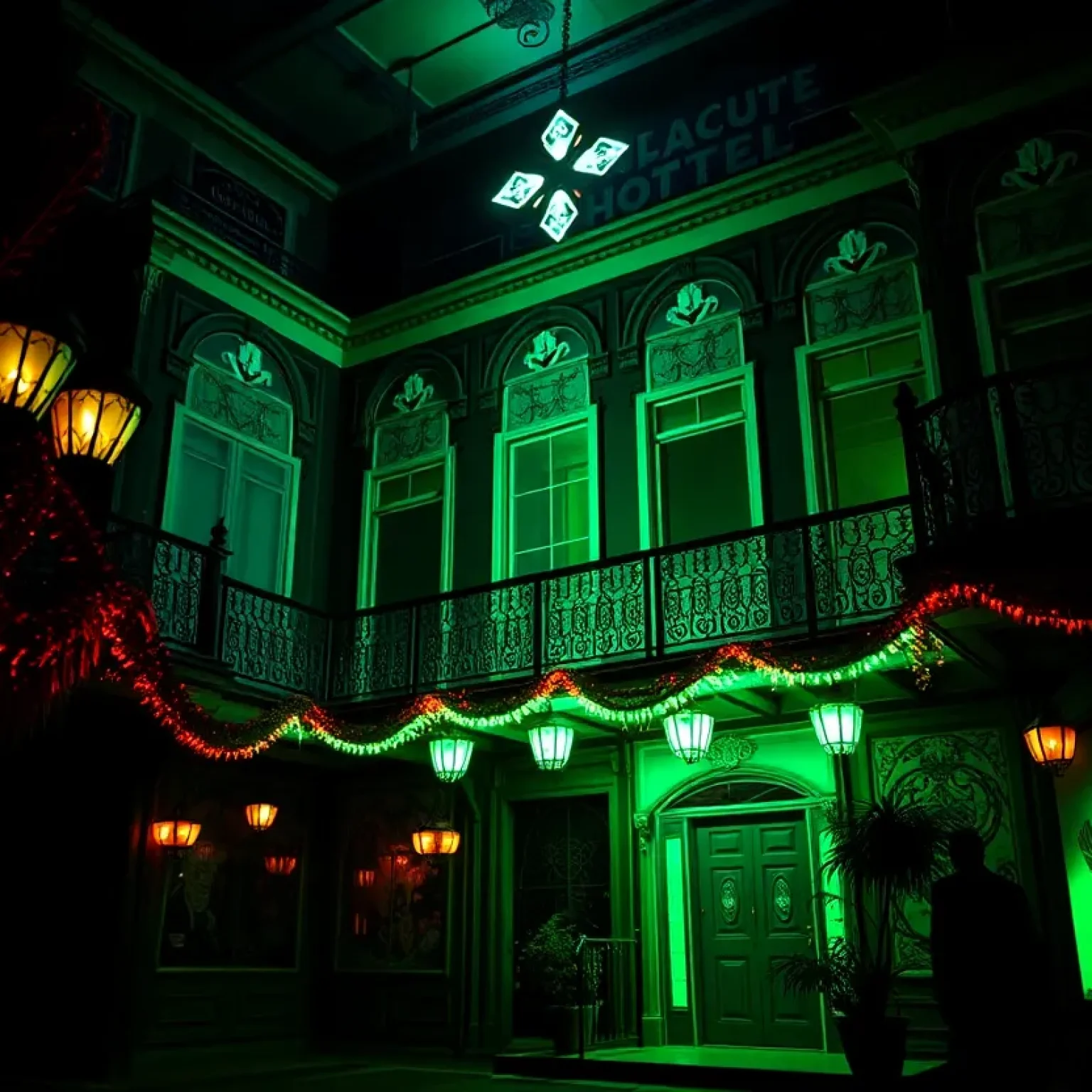 Nighttime view of the Mari Jean Hotel showcasing its unique architectural style and vibrant atmosphere.