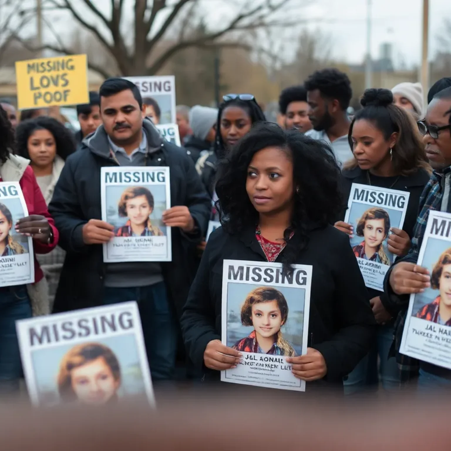 Community members searching for a missing teenager with posters.
