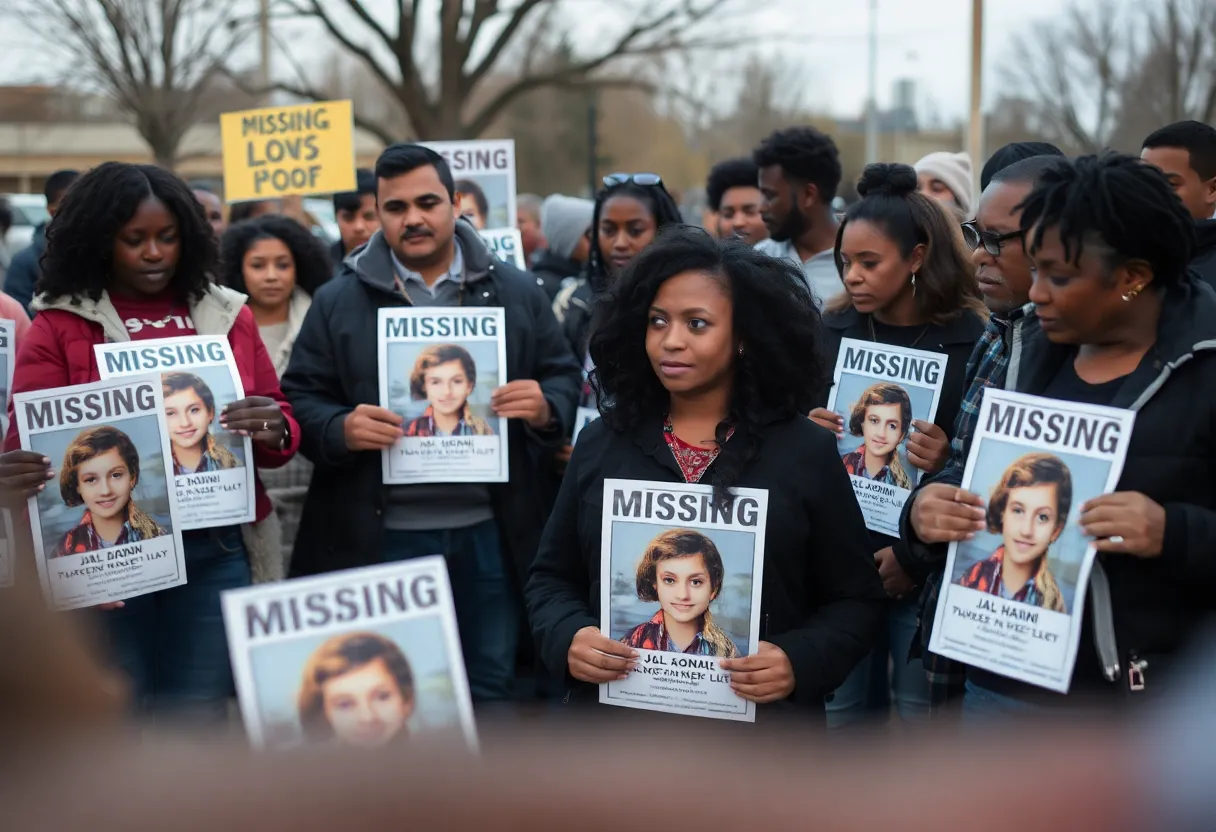 Community members searching for a missing teenager with posters.