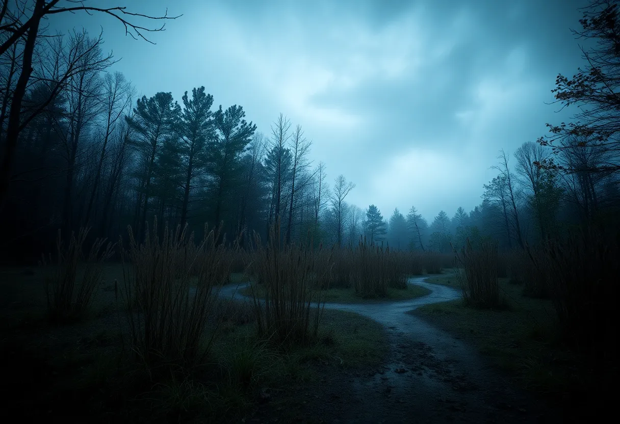 Abstract depiction of a nature preserve symbolizing crime and investigation