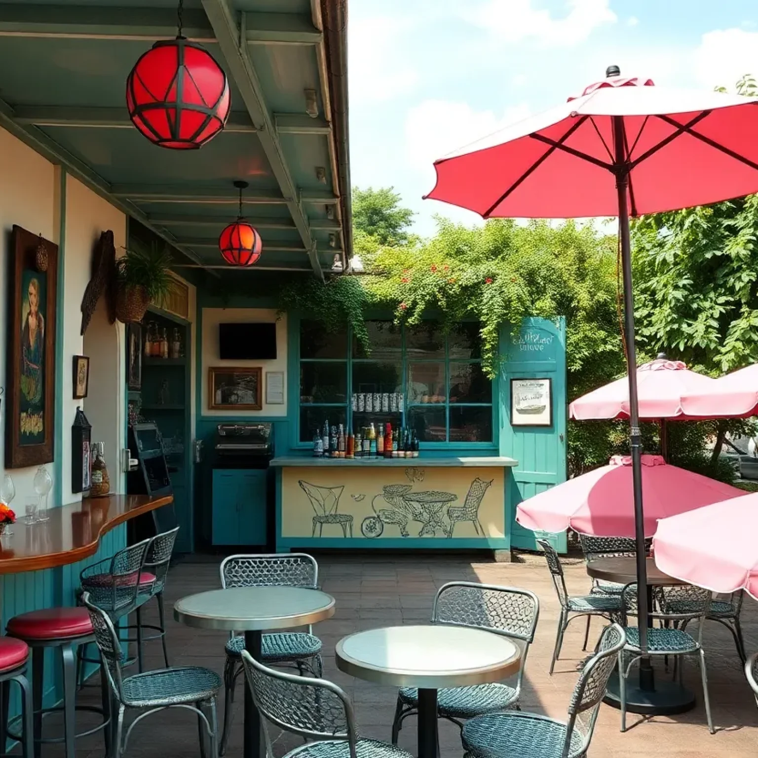 Outdoor patio of No Vacancy bar featuring pink umbrellas