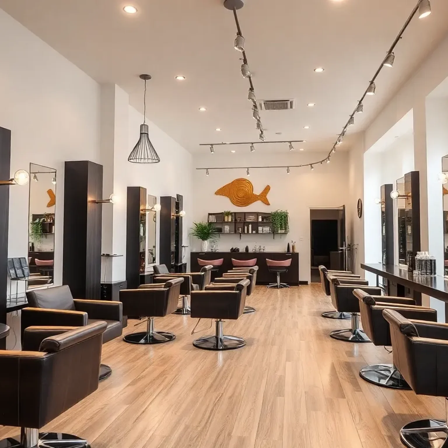 A modern hair salon with comfortable seating and bright lighting