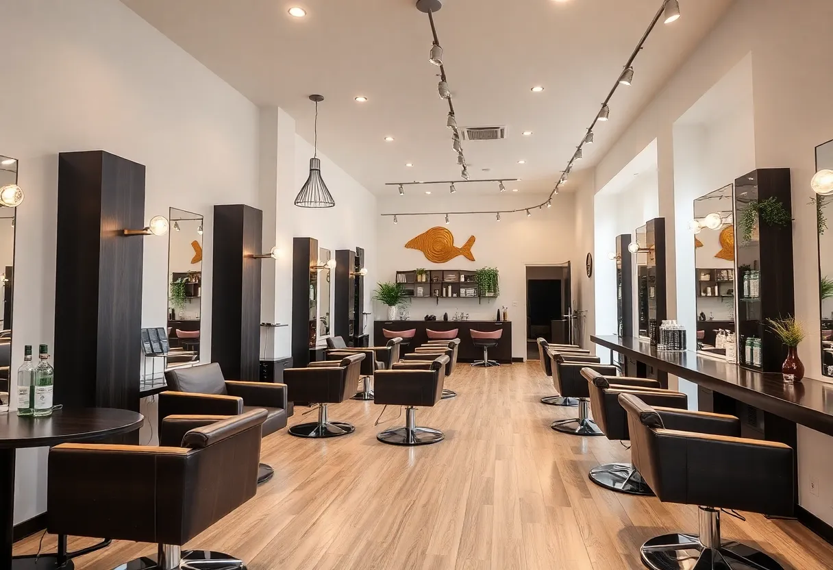A modern hair salon with comfortable seating and bright lighting