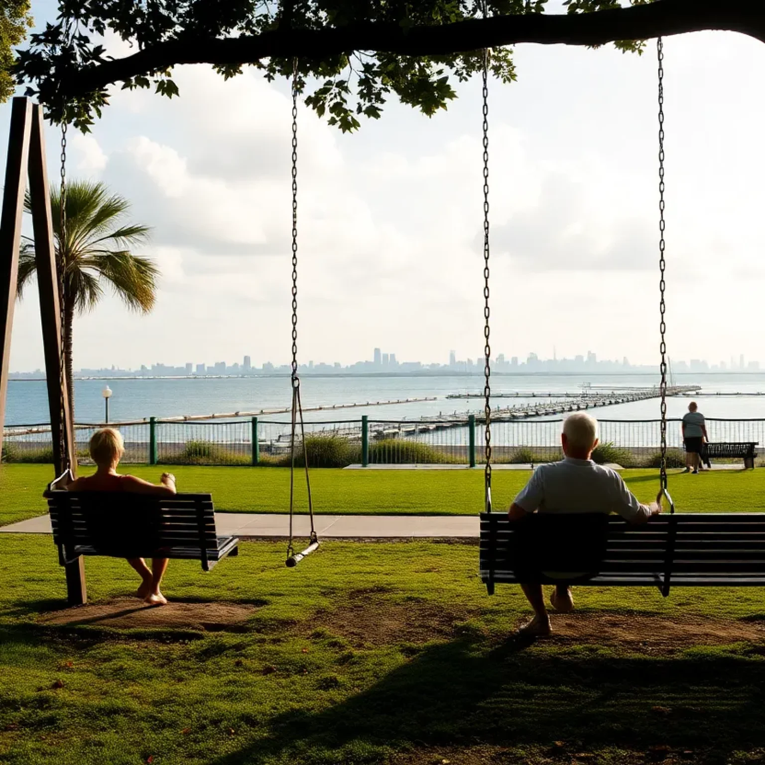 Park bench swings installed at a waterfront park in St. Petersburg