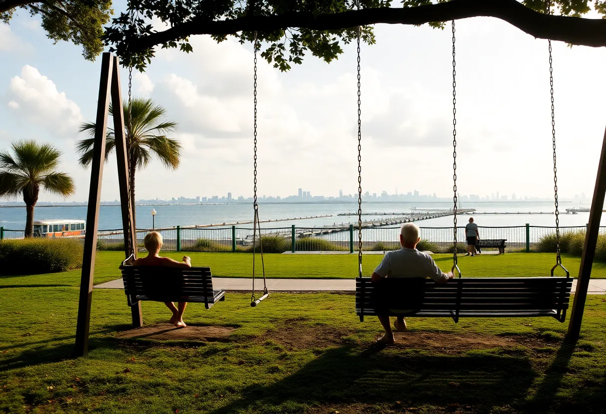 Park bench swings installed at a waterfront park in St. Petersburg