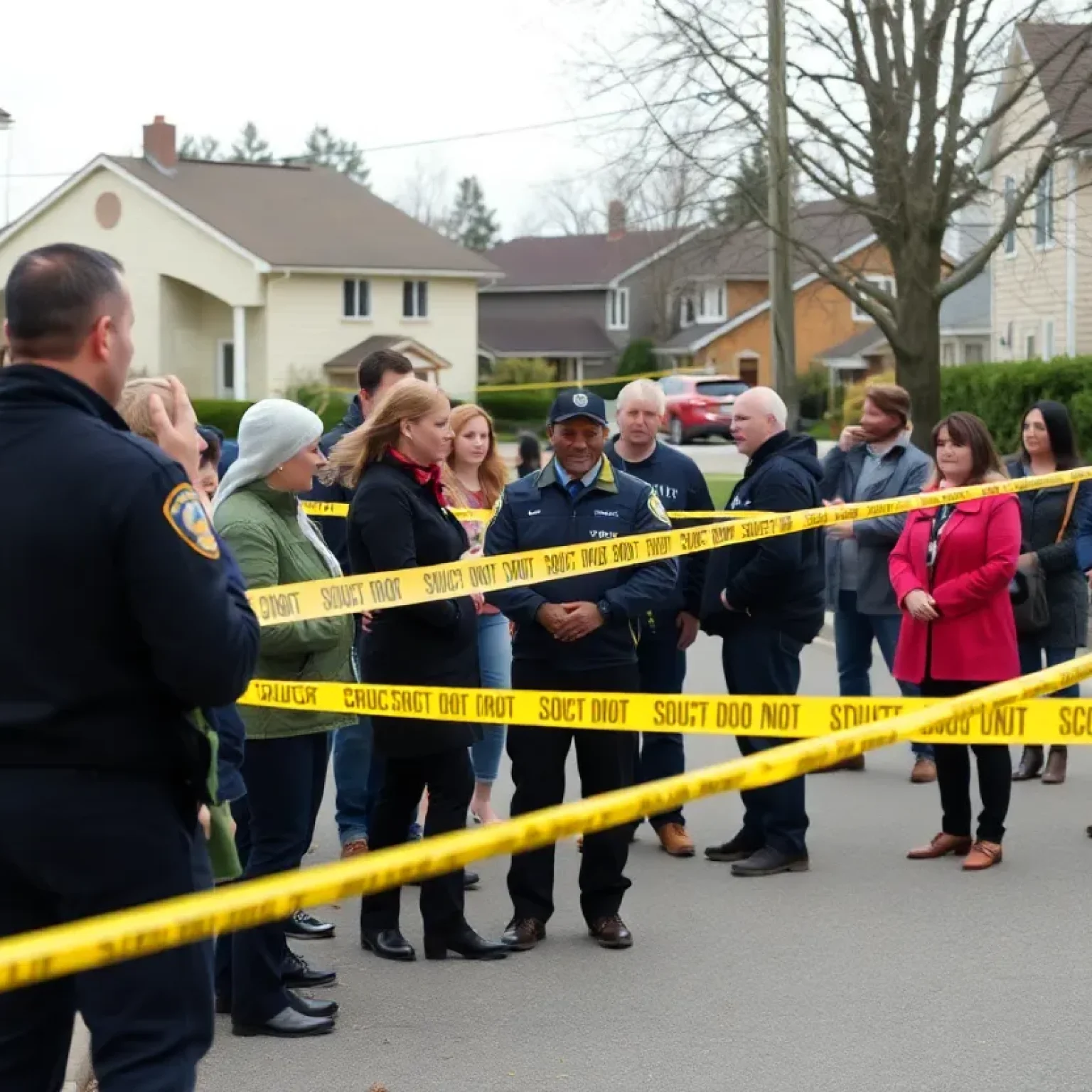 Police caution tape and community members at a crime scene in St. Petersburg