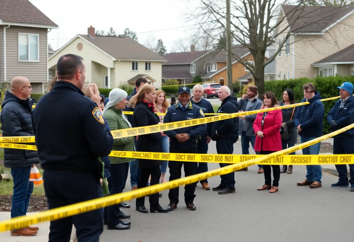 Police caution tape and community members at a crime scene in St. Petersburg
