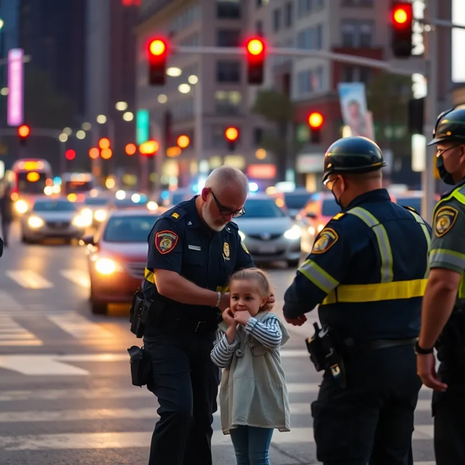 Police officers assisting a child during a crisis situation in St. Petersburg.