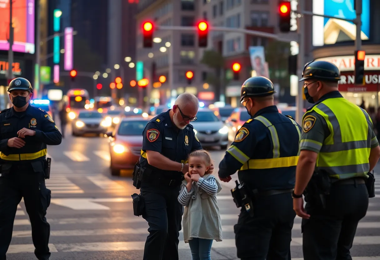 Police officers assisting a child during a crisis situation in St. Petersburg.