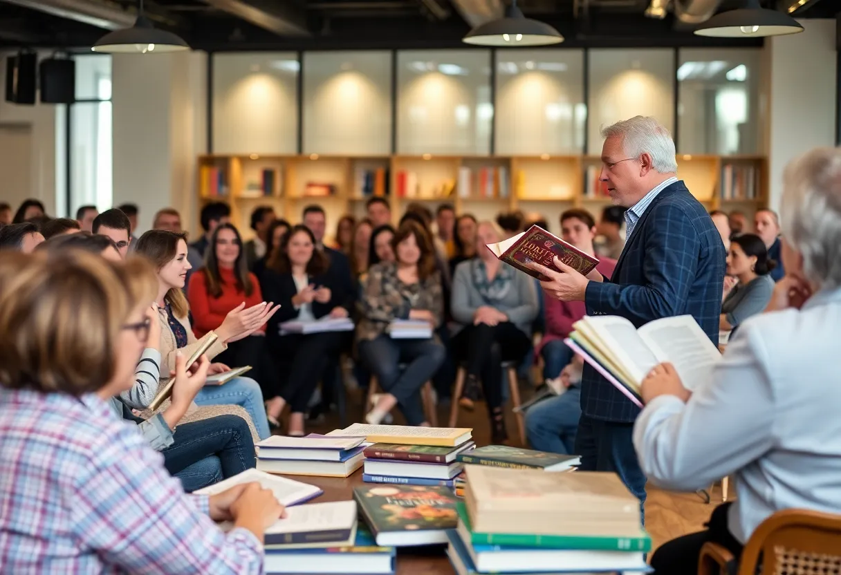 Audience engaged in a book discussion with Randy Wayne White