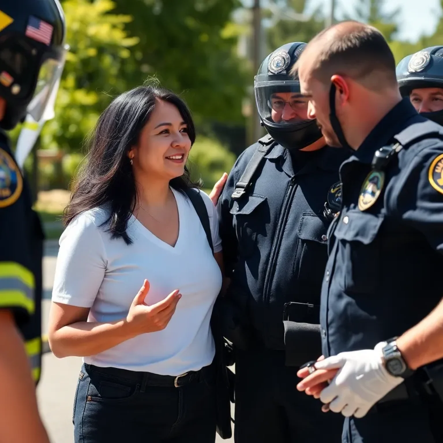 A heartfelt reunion between a woman and first responders, symbolizing recovery and resilience after a motorcycle accident.