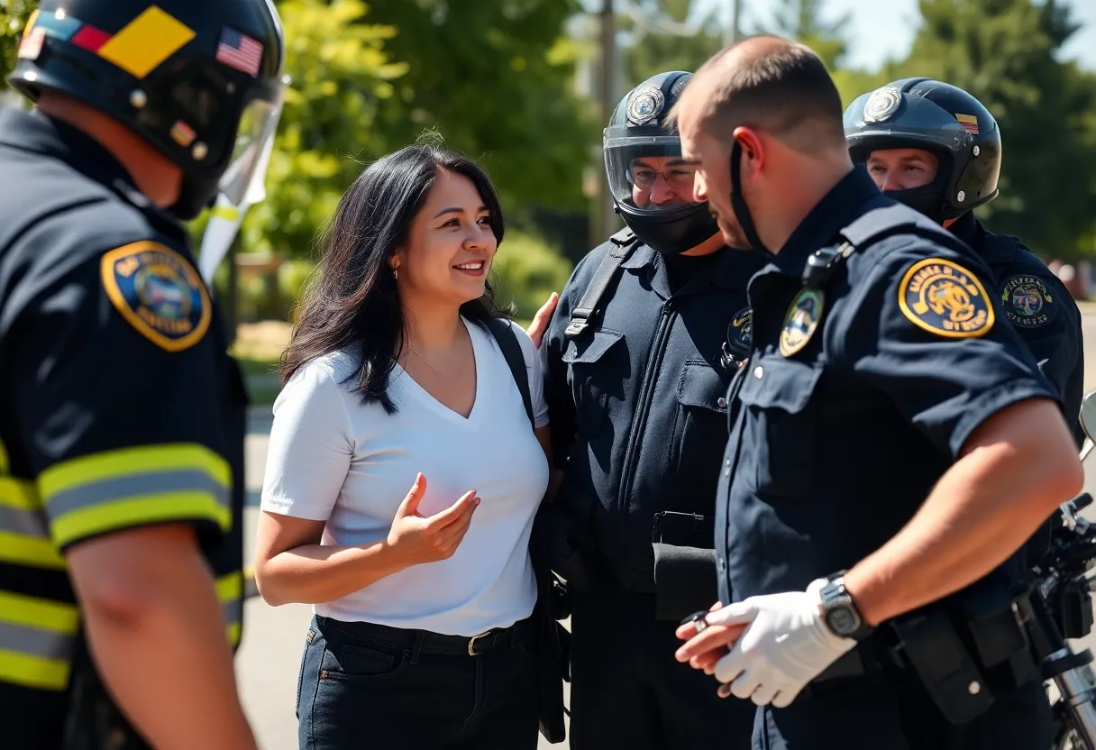 A heartfelt reunion between a woman and first responders, symbolizing recovery and resilience after a motorcycle accident.