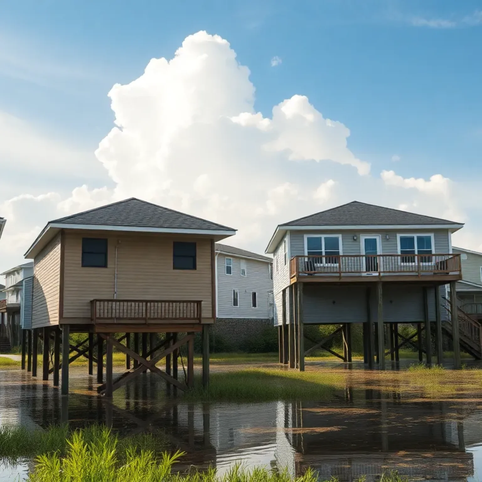 Houses elevated on stilts in a coastal neighborhood