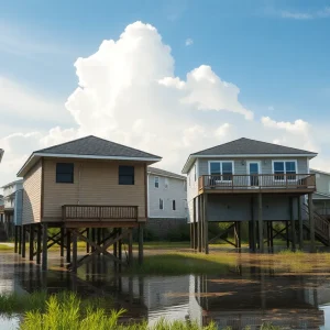 Houses elevated on stilts in a coastal neighborhood