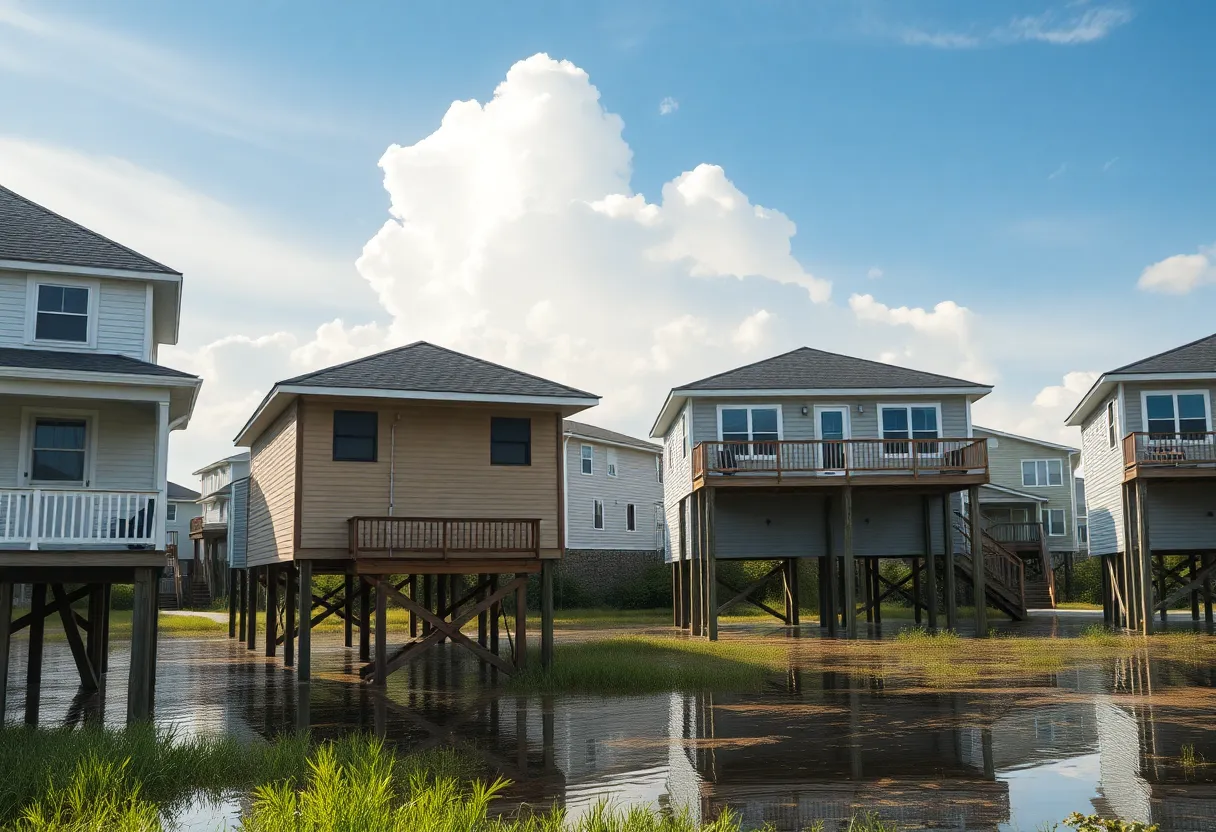 Houses elevated on stilts in a coastal neighborhood