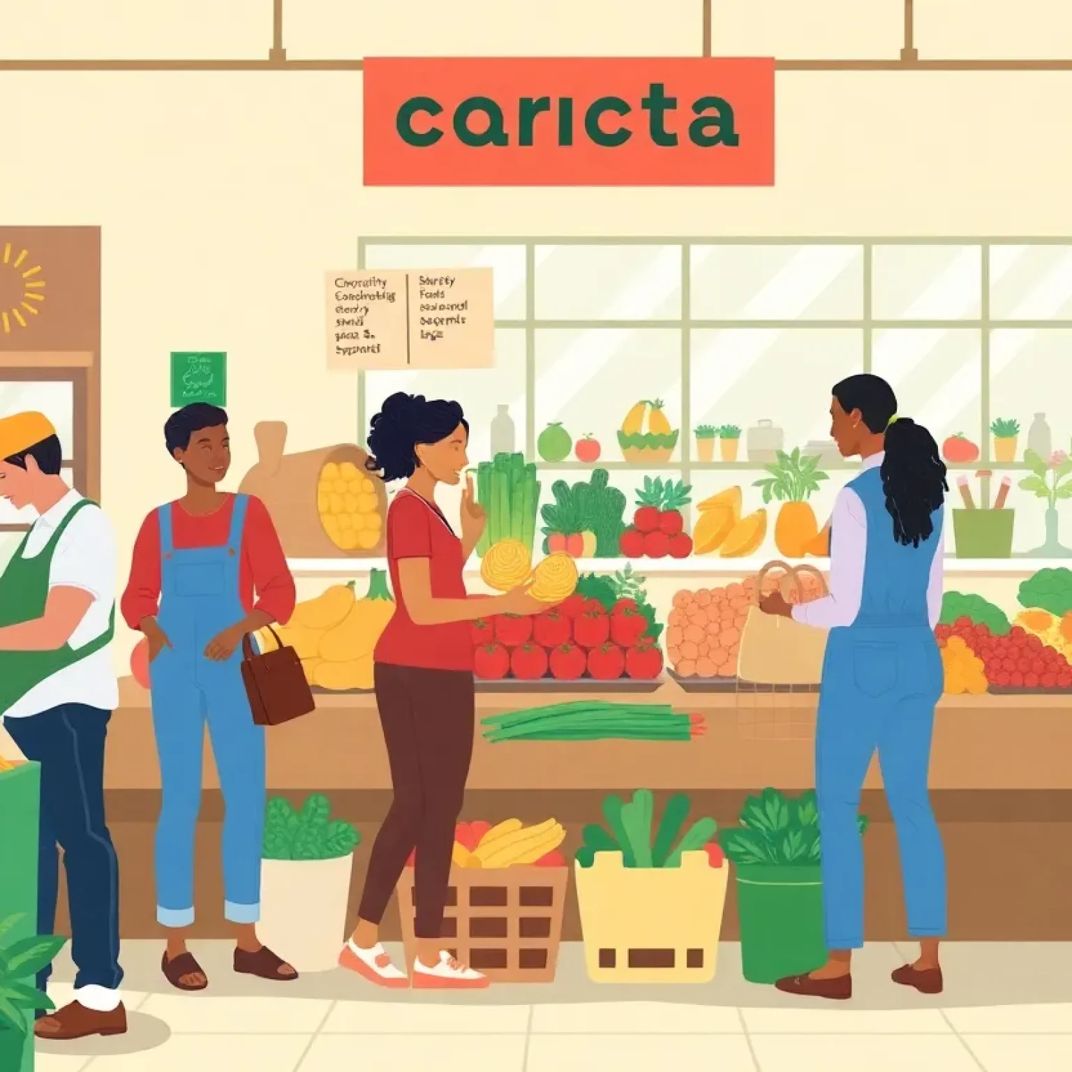 Community members inside a grocery store focused on local produce and cooperative spirit