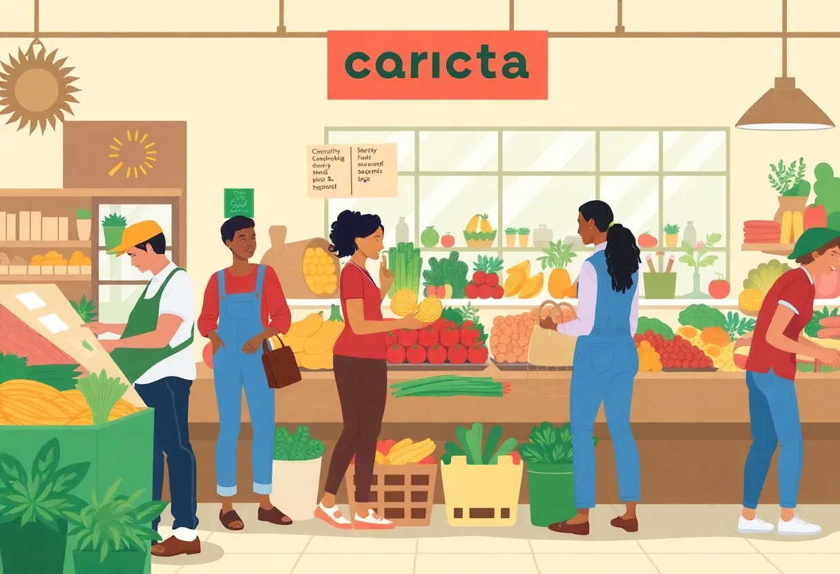 Community members inside a grocery store focused on local produce and cooperative spirit