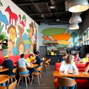 Interior of Southern Grounds coffeehouse with colorful murals and seating