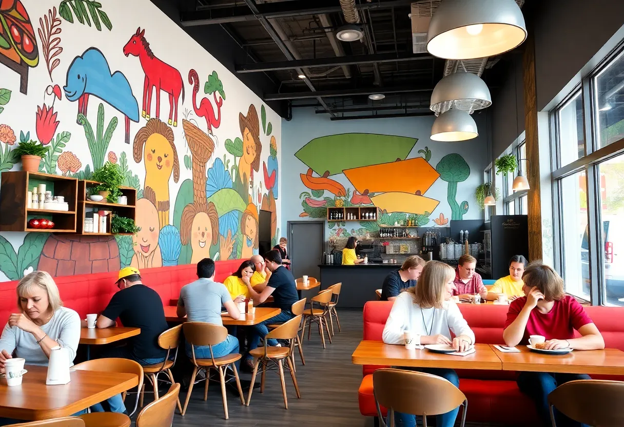 Interior of Southern Grounds coffeehouse with colorful murals and seating
