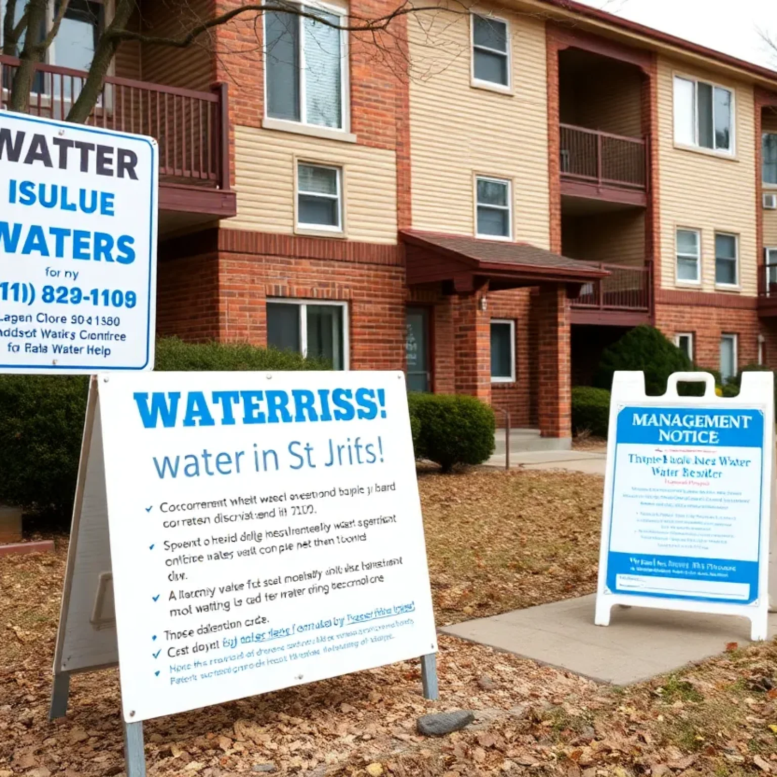 Apartment complex in St. Petersburg with alarming water service notices displayed