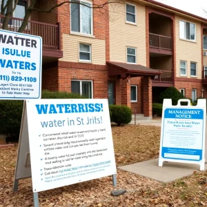 Apartment complex in St. Petersburg with alarming water service notices displayed