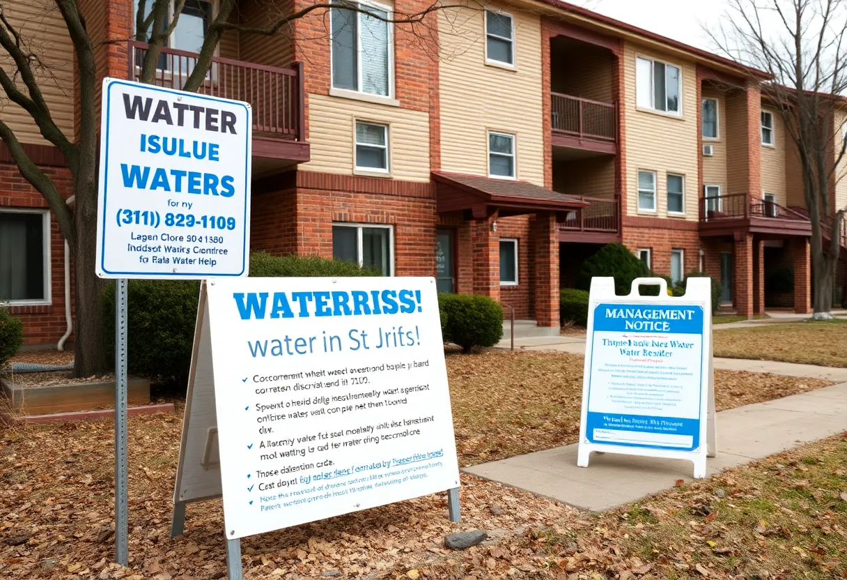 Apartment complex in St. Petersburg with alarming water service notices displayed