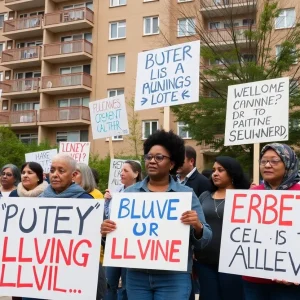 Residents rallying for improved living conditions in front of The Morgan apartments in St. Petersburg.