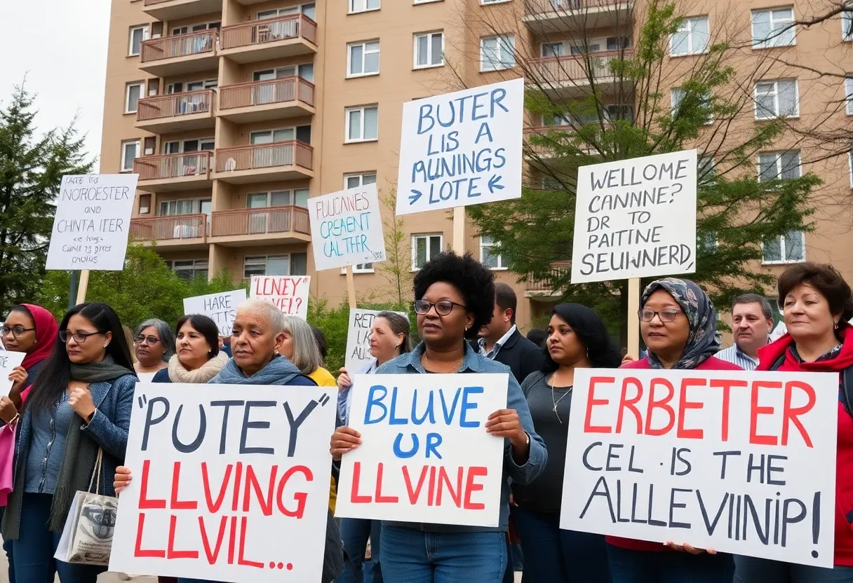 Residents rallying for improved living conditions in front of The Morgan apartments in St. Petersburg.