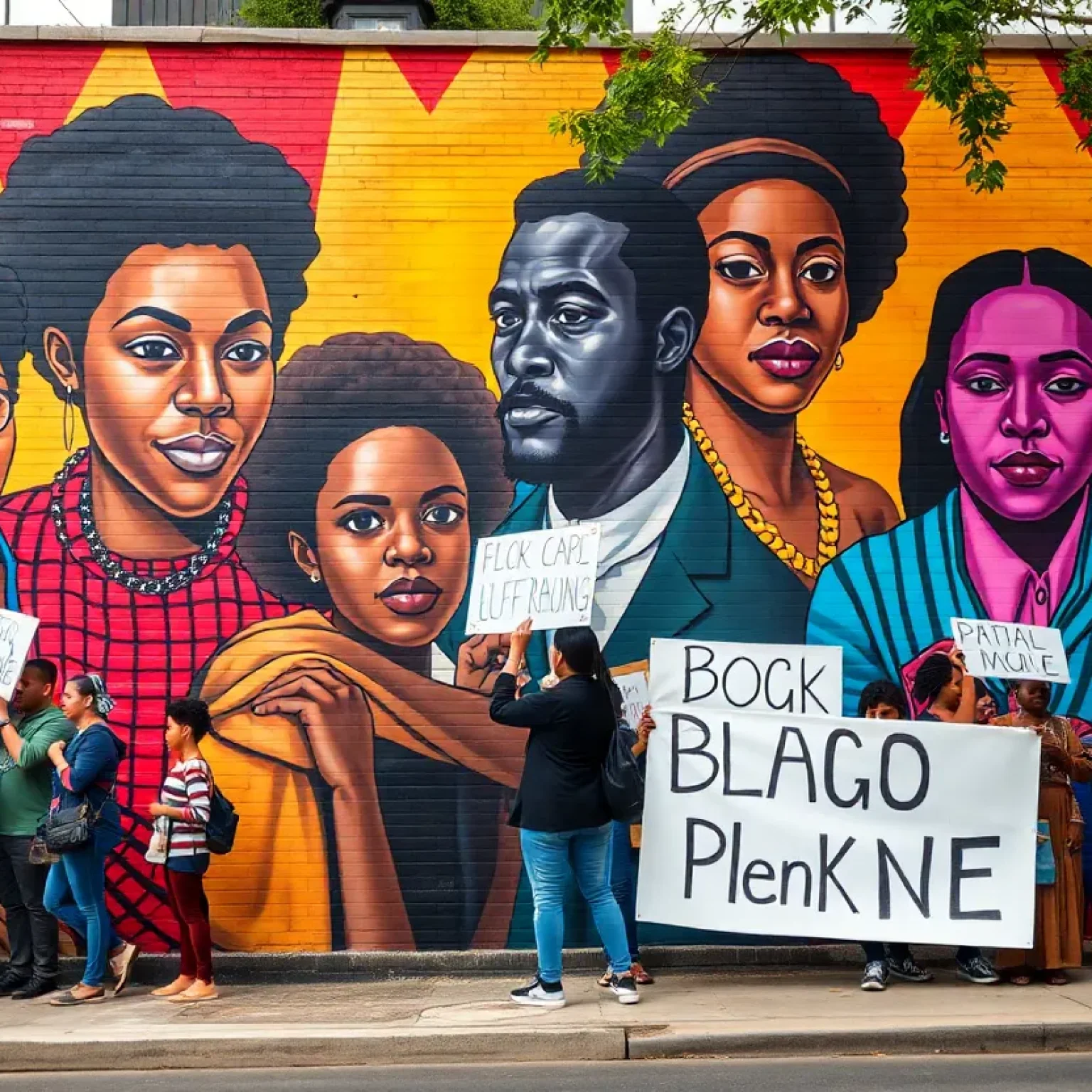 Protesters in front of a colorful mural in St. Petersburg