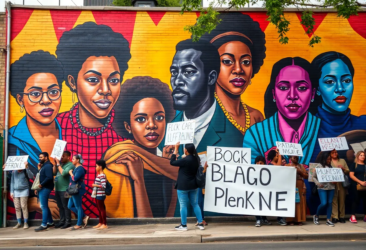 Protesters in front of a colorful mural in St. Petersburg