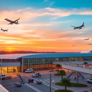 Aerial view of St. Petersburg-Clearwater International Airport with planes and passengers.