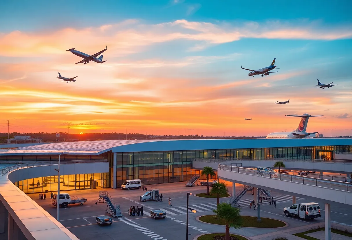 Aerial view of St. Petersburg-Clearwater International Airport with planes and passengers.