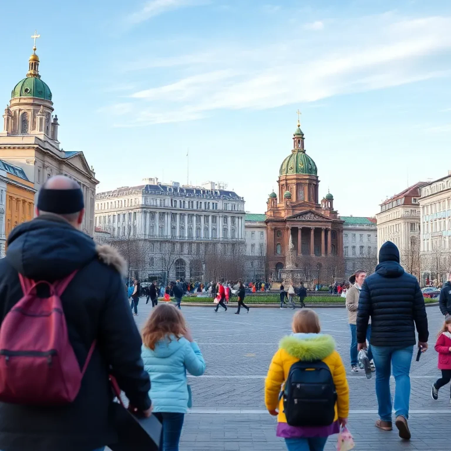 Vibrant cityscape of St. Petersburg with families and community activities