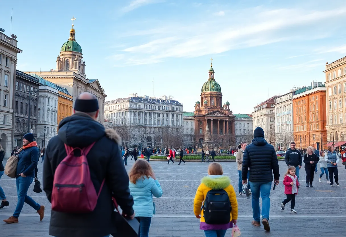 Vibrant cityscape of St. Petersburg with families and community activities